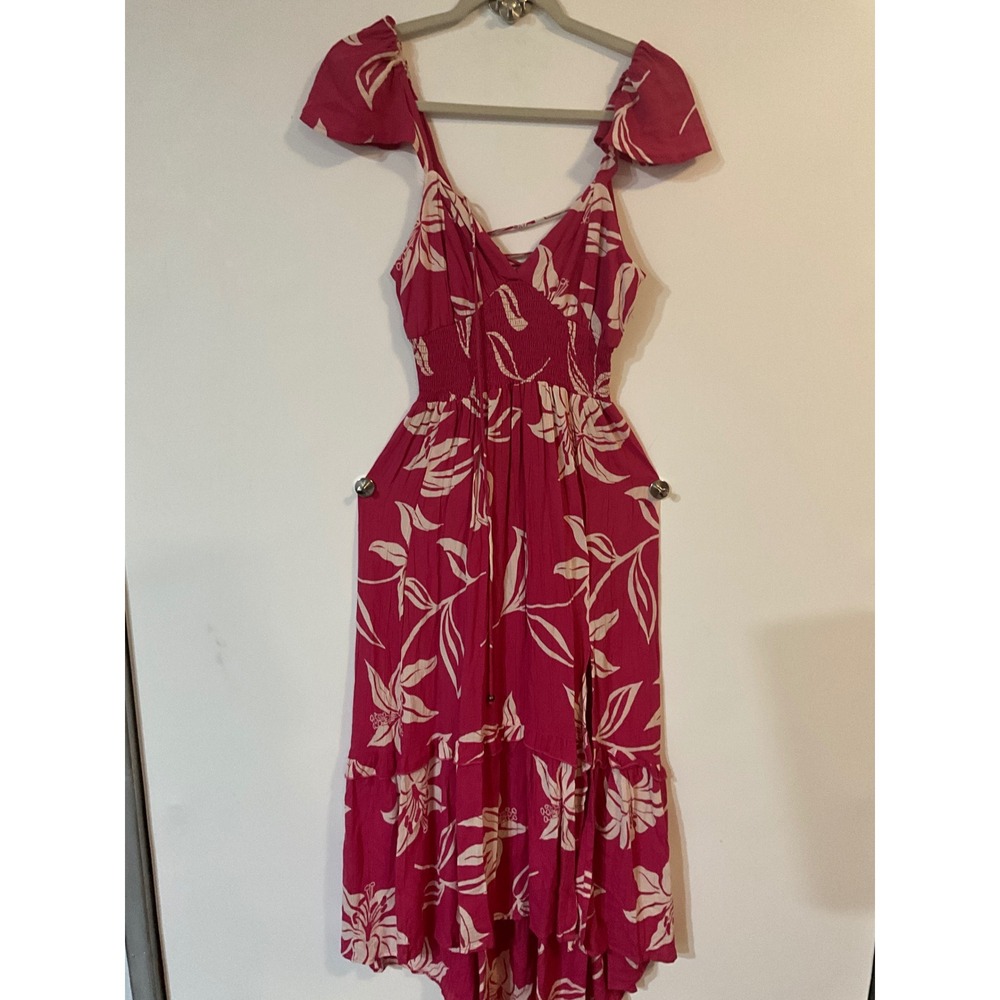 Angie Pink Floral Smocked Midi Dress Flutter Sleeve Lace Up Back Small NWT
